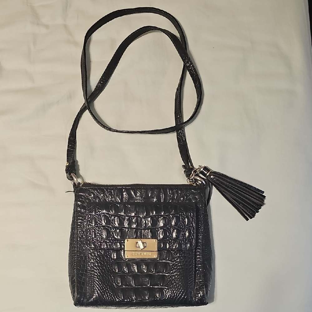 Brahmin Black Croc-Embossed Crossbody Bag